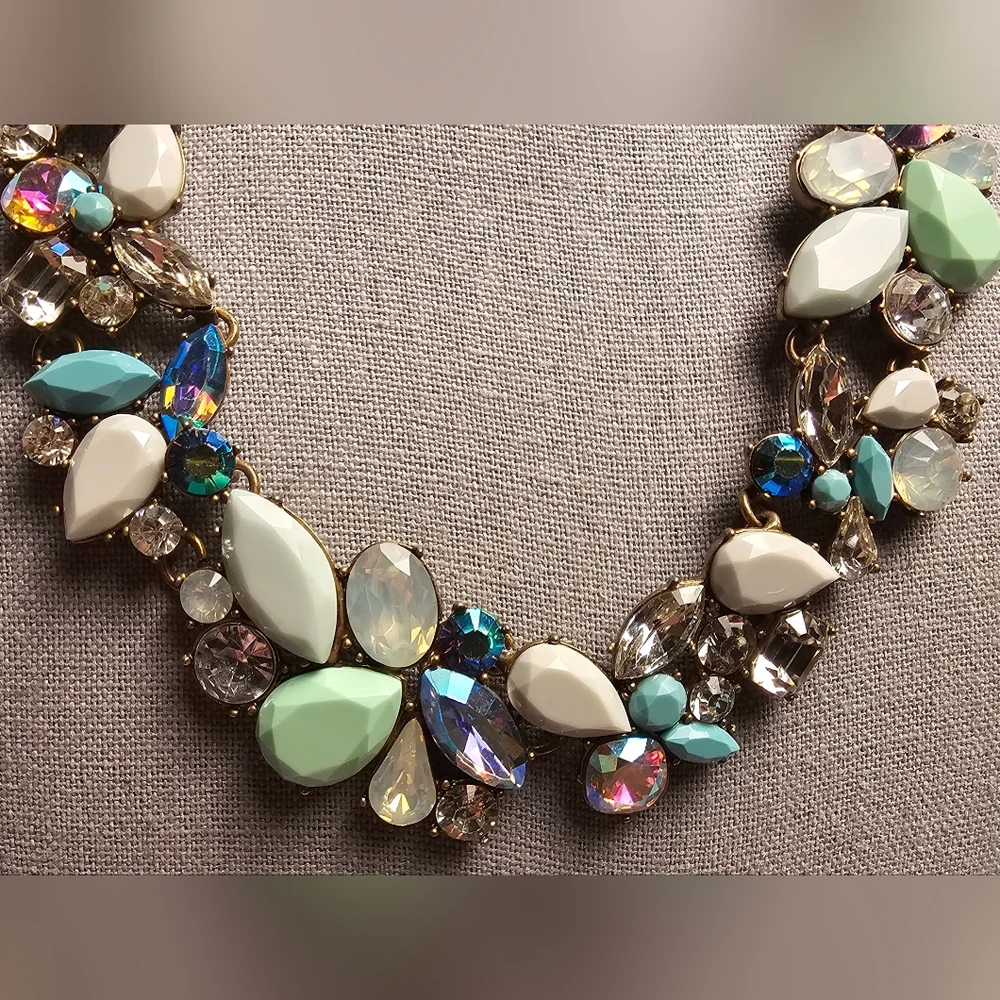 [J. Crew] Cluster Statement Necklace Mint Green, Gray White & Iridescent Stones